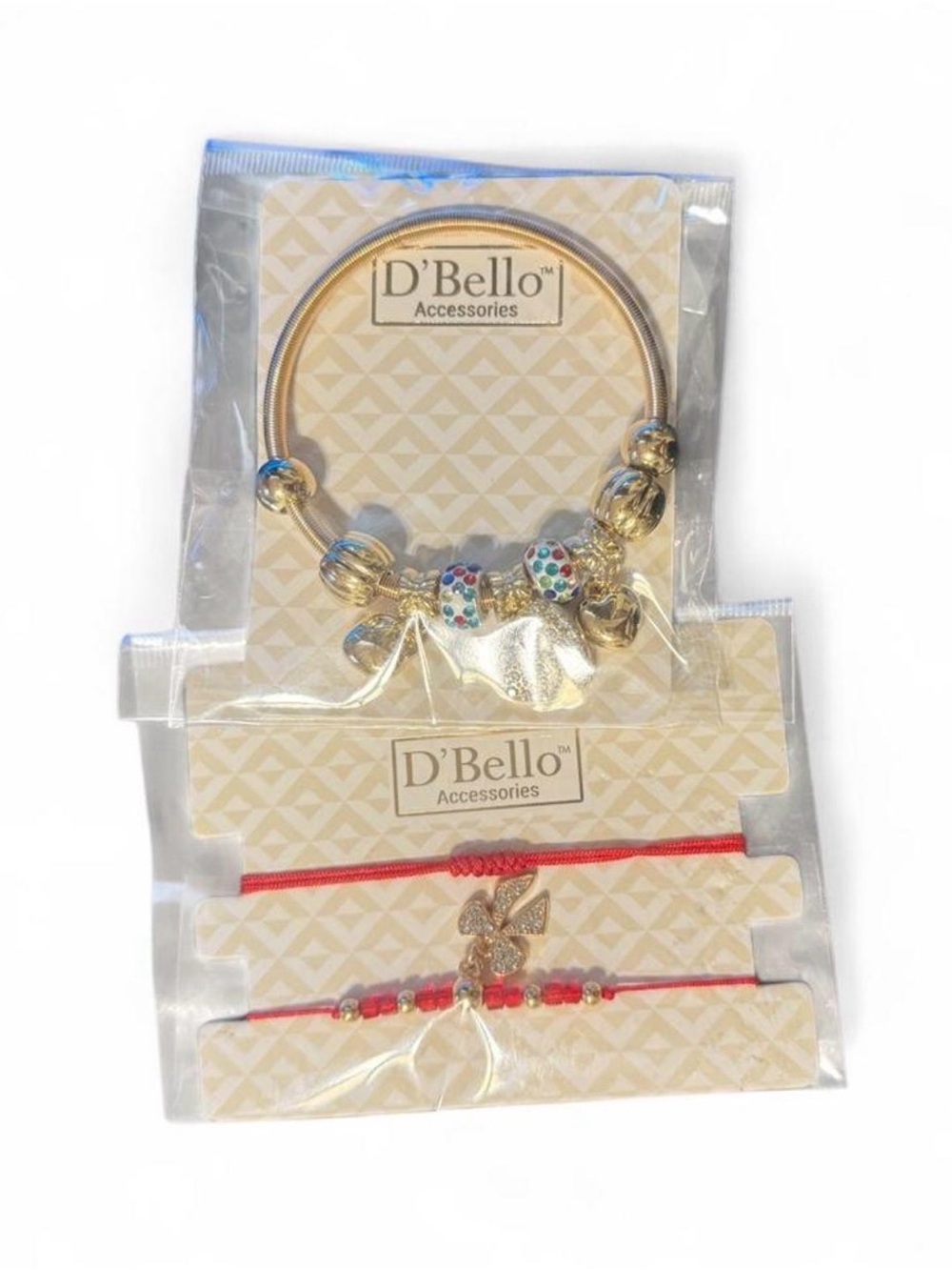 D'Bello Gold-Tone Charm Bracelet Set with Red Cord Accents